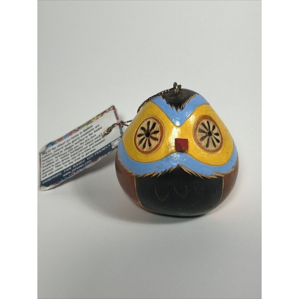 Hand-Painted/Carved South American Yellow &blue Owl Gourd Folk art Ornament - Picture 2 of 8